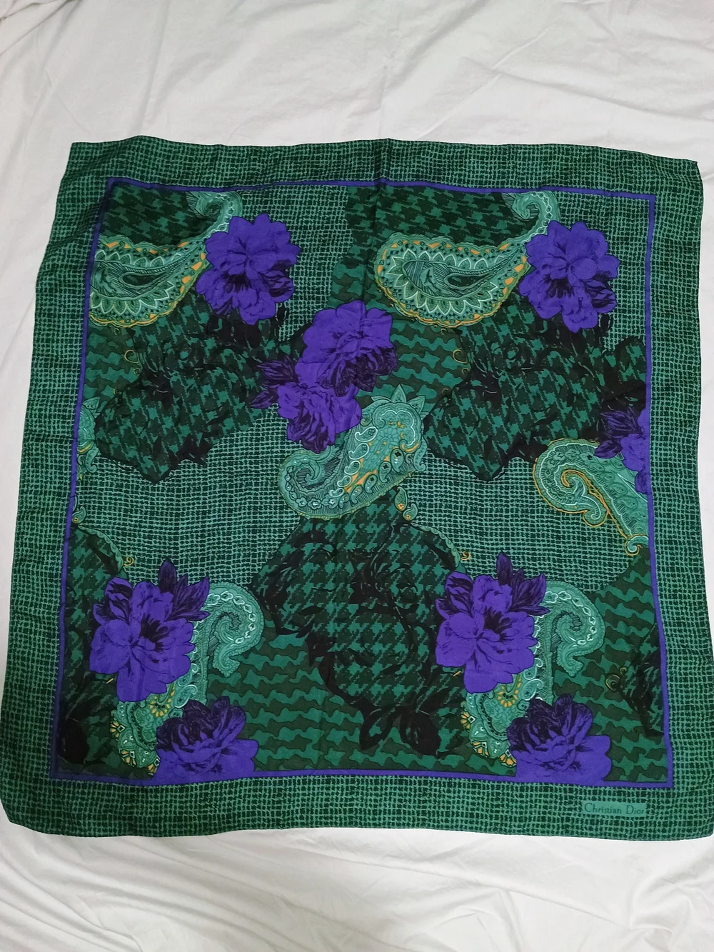 CHRISTIAN DIOR Green & Purple Floral Paisley Square Silk Scarf